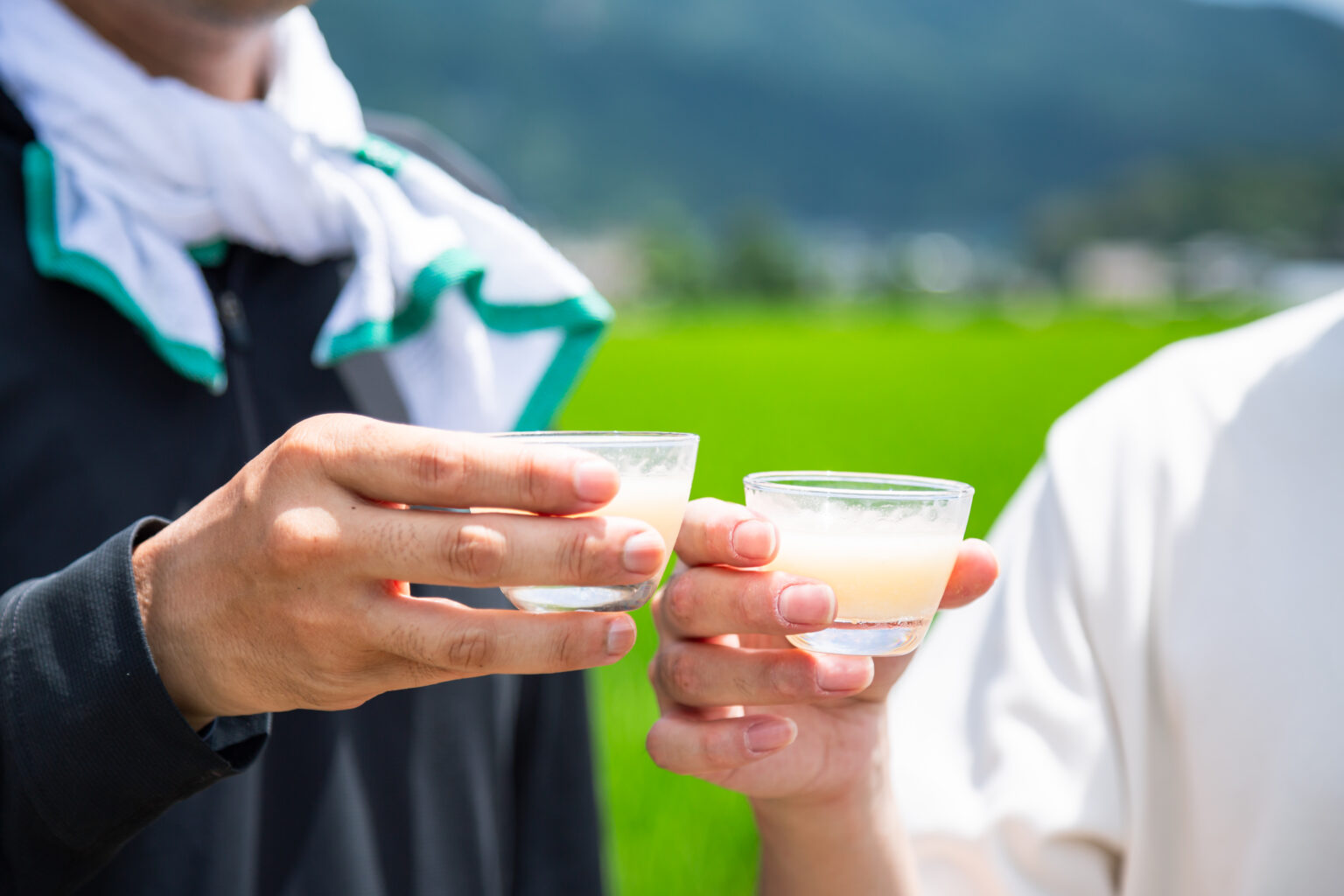 脇山の田んぼでどぶろくのグラスを合わせる手元